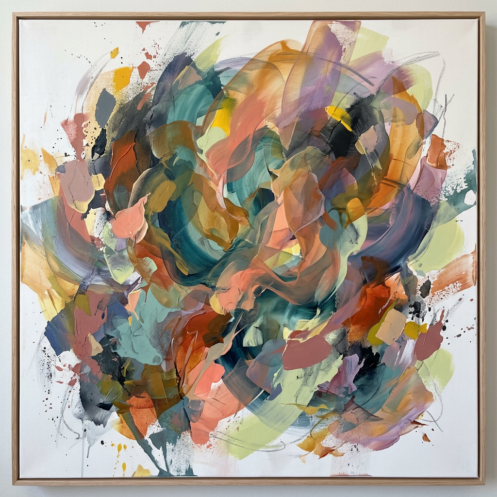 Abstract painting with swirling brushstrokes in teal, orange, purple, and yellow