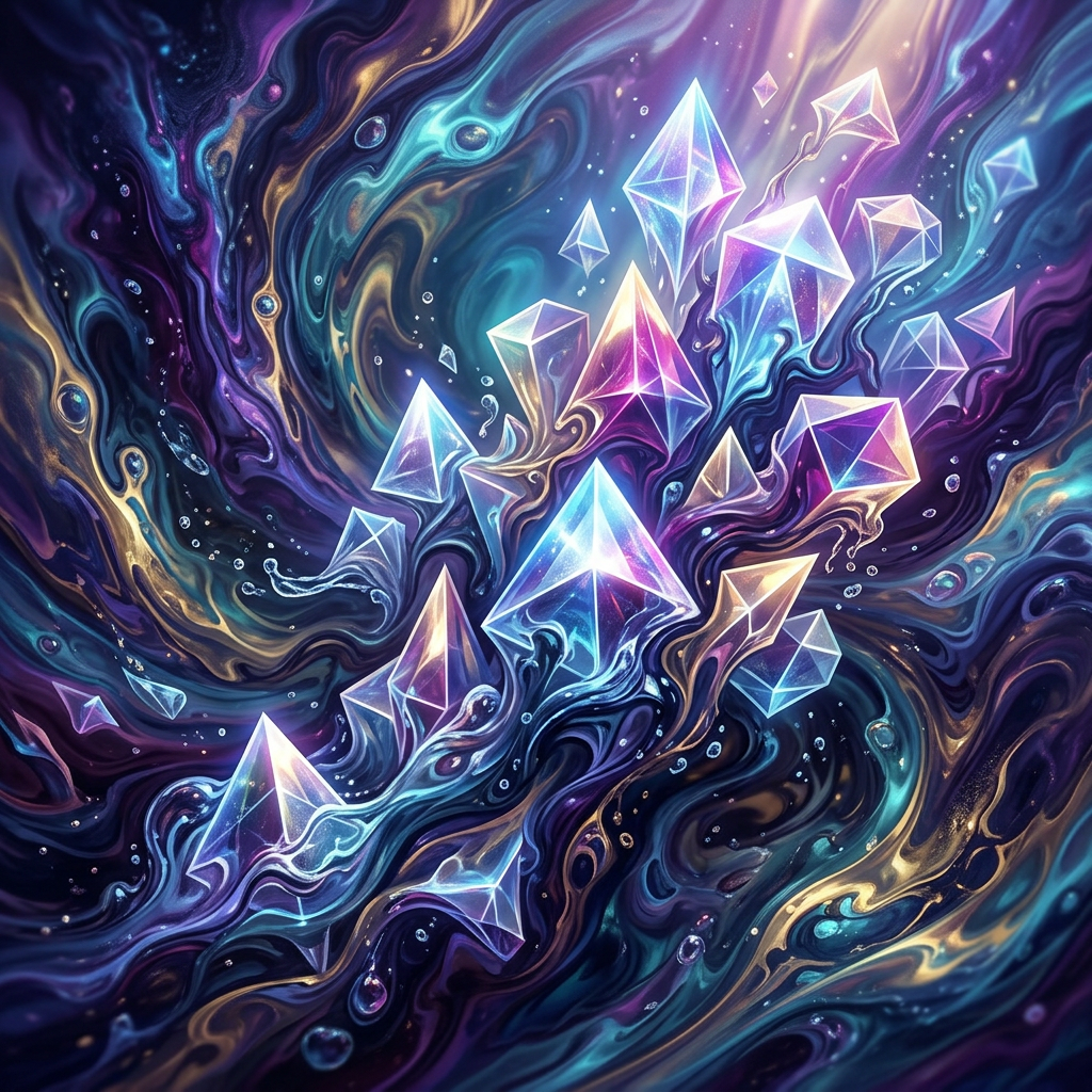 Glowing crystalline shapes in blues, purples, and golds drift through swirling cosmic mist